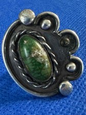 Fred Harvey Era Ornate Greasy Green Turquoise & Sterling Ring  5.75 - Additional view 1