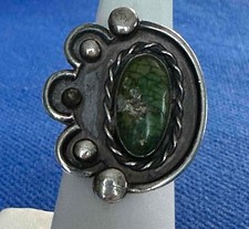 Fred Harvey Era Ornate Greasy Green Turquoise & Sterling Ring 5.75