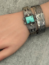 Old Fred Harvey Era 30's Navajo SQUARE Turquoise INGOT silver Bracelet 6.6 in - Additional view 1