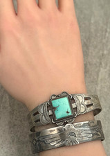 Old Fred Harvey Era 30's Navajo SQUARE Turquoise INGOT silver Bracelet 6.6 in - Additional view 4