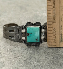 Old Fred Harvey Era 30's Navajo SQUARE Turquoise INGOT silver Bracelet 6.6 in - Additional view 9