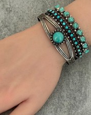 Vintage Fred Harvey Era Navajo Turquoise CACTUS BEAR TRACK Silver Bracelet 7 in - Additional view 4