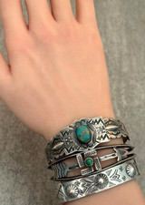 Old FRED HARVEY ERA Navajo Turquoise WHIRLING LOG REPOUSSE Sterling Bracelet 7in - Additional view 1