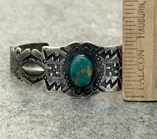 Old FRED HARVEY ERA Navajo Turquoise WHIRLING LOG REPOUSSE Sterling Bracelet 7in - Additional view 11