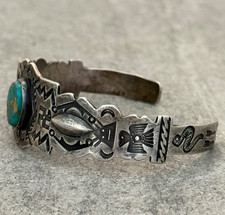 Old FRED HARVEY ERA Navajo Turquoise WHIRLING LOG REPOUSSE Sterling Bracelet 7in - Additional view 5