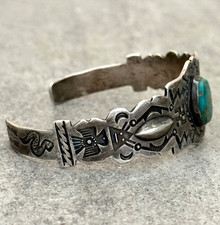 Old FRED HARVEY ERA Navajo Turquoise WHIRLING LOG REPOUSSE Sterling Bracelet 7in - Additional view 6