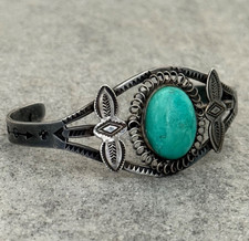OLD FRED HARVEY ERA Navajo Turquoise Silver Bracelet 6.75in - Additional view 2