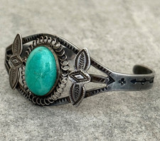 OLD FRED HARVEY ERA Navajo Turquoise Silver Bracelet 6.75in - Additional view 3