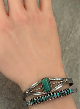 Vintage Fred Harvey Era Navajo Turquoise SQUARE silver Bracelet Cuff 6.75 in - Additional view 1