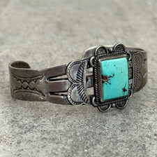 Old 30’s Fred Harvey Era Navajo SQUARE Turquoise INGOT silver Bracelet 6.6 in - Additional view 2