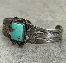 Old 30’s Fred Harvey Era Navajo SQUARE Turquoise INGOT silver Bracelet 6.6 in - Additional view 3