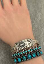RARE Vintage FRED HARVEY Era Navajo ARROW SHAPED WHIRLING LOG Silver Bracelet 7