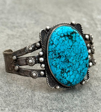Fred Harvey Era Navajo BIG SPIDERWEB Turquoise DogHorse Silver Bracelet 6.75 in - Additional view 3