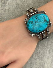 Fred Harvey Era Navajo BIG SPIDERWEB Turquoise DogHorse Silver Bracelet 6.75 in - Additional view 4