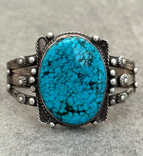 Fred Harvey Era Navajo BIG SPIDERWEB Turquoise DogHorse Silver Bracelet 6.75 in