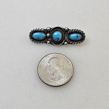 Vintage Fred Harvey Era Sterling Silver Three Stone Turquoise Brooch Pin Navajo - Additional view 1
