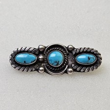 Vintage Fred Harvey Era Sterling Silver Three Stone Turquoise Brooch Pin Navajo