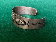 Antique Fred Harvey-era Native American Coin Silver Cuff Stamped Bracelet - Additional view 1