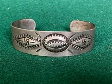 Antique Fred Harvey-era Native American Coin Silver Cuff Stamped Bracelet