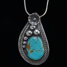 Navajo Fred Harvey Era Sterling Silver 18” Turquoise Pendant Necklace Signed UVS