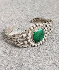 Fred Harvey Era Sterling Silver Green Turquoise Stamped Split Cuff Bracelet, 6