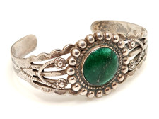 Fred Harvey Era Sterling Silver Green Turquoise Stamped Split Cuff Bracelet, 6