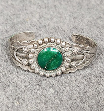 Fred Harvey Era Sterling Silver Green Turquoise Stamped Split Cuff Bracelet, 6"
