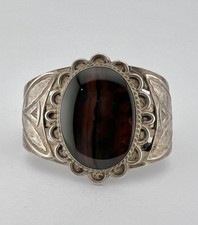 Vtg Fred Harvey Era Navajo Sterling Silver Petrified Wood Stamped Cuff Bracelet - Additional view 1