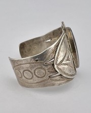 Vtg Fred Harvey Era Navajo Sterling Silver Petrified Wood Stamped Cuff Bracelet - Additional view 3