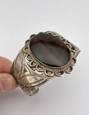 Vtg Fred Harvey Era Navajo Sterling Silver Petrified Wood Stamped Cuff Bracelet - Additional view 8