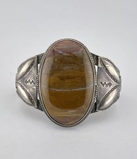 Vtg Fred Harvey Era Navajo Sterling Silver Petrified Wood Stamped Cuff Bracelet