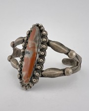 Vtg Fred Harvey Era Navajo Sterling Silver Petrified Wood Stamped Cuff Bracelet - Additional view 2