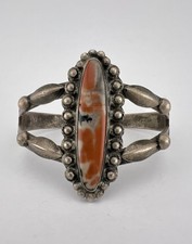 Vtg Fred Harvey Era Navajo Sterling Silver Petrified Wood Stamped Cuff Bracelet