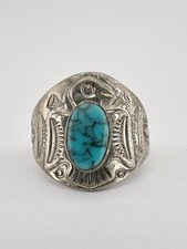Vtg Fred Harvey Style Sterling Silver Turquoise Thunderbird Stamped Band Ring - Additional view 1