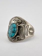 Vtg Fred Harvey Style Sterling Silver Turquoise Thunderbird Stamped Band Ring - Additional view 2