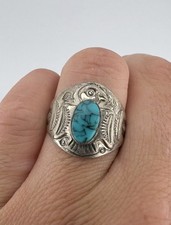 Vtg Fred Harvey Style Sterling Silver Turquoise Thunderbird Stamped Band Ring - Additional view 7
