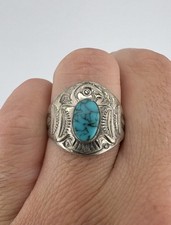 Vtg Fred Harvey Style Sterling Silver Turquoise Thunderbird Stamped Band Ring - Additional view 8