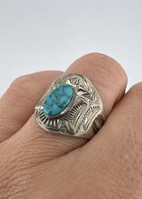 Vtg Fred Harvey Style Sterling Silver Turquoise Thunderbird Stamped Band Ring - Additional view 9