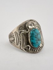 Vtg Fred Harvey Style Sterling Silver Turquoise Thunderbird Stamped Band Ring