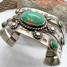 Vintage TRIPLE SHANK 7-STONE TURQUOISE FRED HARVEY ERA cuff bracelet 7