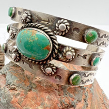 Vintage TRIPLE SHANK 7-STONE TURQUOISE FRED HARVEY ERA cuff bracelet 7