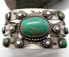 Vintage TRIPLE SHANK 7-STONE TURQUOISE FRED HARVEY ERA cuff bracelet 7" sterling