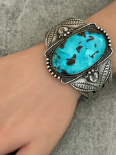 Fred Harvey Era Navajo BIG Turquoise Arrows Split shank Silver Bracelet 7in - Additional view 4