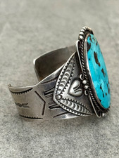 Fred Harvey Era Navajo BIG Turquoise Arrows Split shank Silver Bracelet 7in - Additional view 7