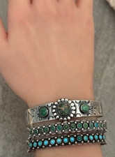 Vintage FRED HARVEY Maisels Navajo Snake eye Turquoise Sterling  Bracelet 6.9 in - Additional view 1